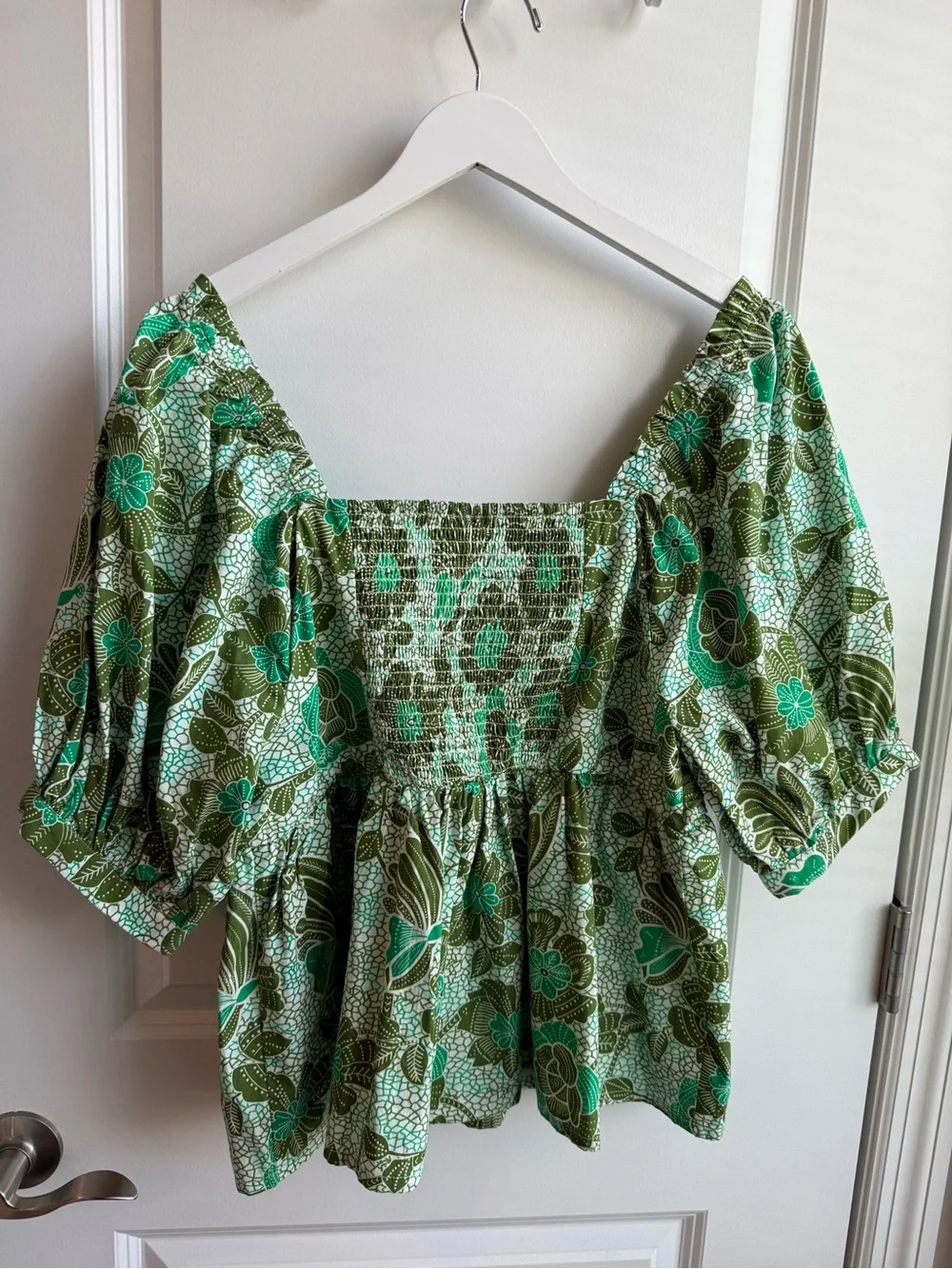 Anthropologie Green Floral Smocked Peplum Blouse